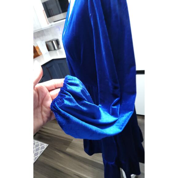 NWT Velvet sapphire blue tiered midi holiday dress elegant balloon sleeve sz L - Picture 6 of 11